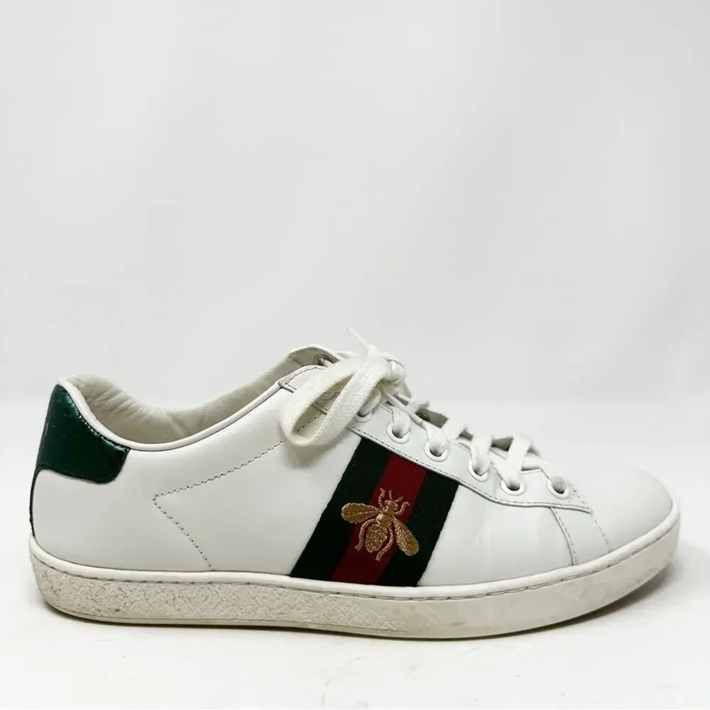 Gucci Ace Bee Web Stripe Leather Sneakers Womens Size EU 37.5